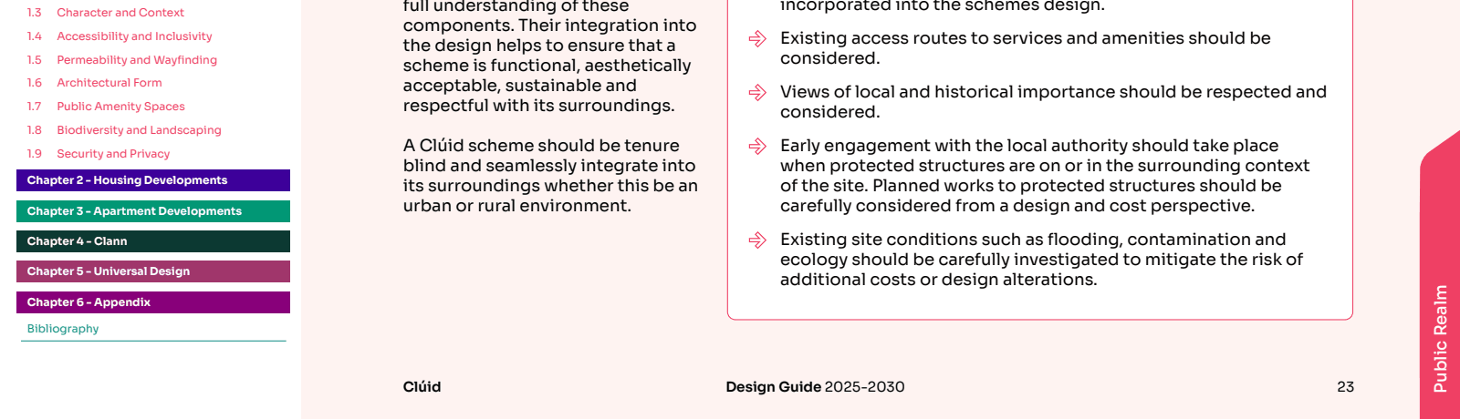 Excerpt from 1_2. Pre Qualification-2. Pre Qualification-Appendices-Cluid_Design-Guide-2025-2030_D8_digital.pdf page 23 highlighting: 'Existing site conditions such as flooding, contamination and ecology should be carefully investigated to mitigate the ri…'